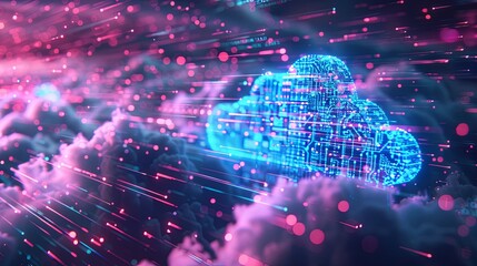 Poster - An abstract digital visualization of cloud computing showcasing data processing and AI operations. Generative AI