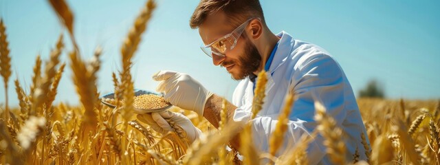 Canvas Print - biologist inspects wheat in the field. Selective focus