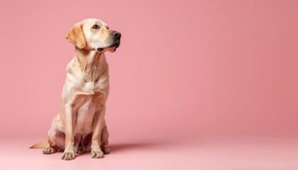 Wall Mural - A cute Labrador sitting on a solid pastel background with space above for text