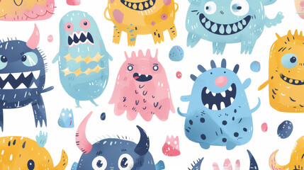 A group of cartoon monsters with different colors and expressions. Scene is playful and fun