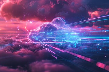Fototapete - An abstract illustration depicting the concept of cloud computing with digital elements representing data processing and AI operations. Generative AI