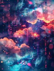 Fototapete - A colorful abstract visualization of cloud computing with digital elements representing data processing and AI operations in the cloud. Generative AI