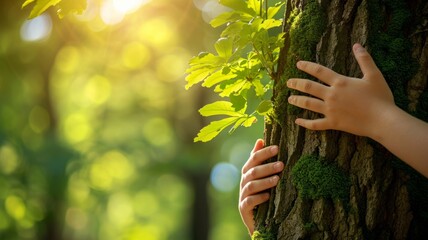 Child girl stand behind and give hug to tree in forest. Concept of global problem of carbon dioxide and global warming. Love of nature.