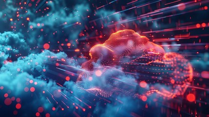 Fototapete - A stylized representation of cloud computing, featuring a cloud formed from digital elements and data processing and AI operations. Generative AI