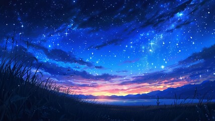 illustration of a girl sitting alone at night under an aesthetic night sky