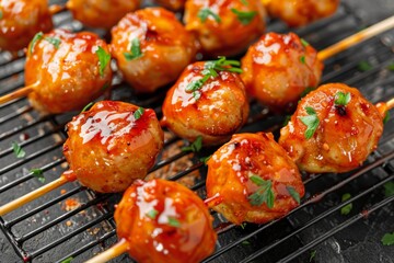 Wall Mural - Juicy grilled chicken meatballs with glaze and herbs closeup