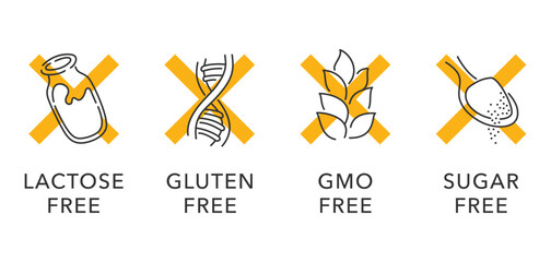 Wall Mural - Lactose, Gluten, GMO, Sugar free yellow and outline pictograms