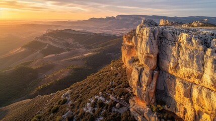 Poster - Sunrise overlooking a beautiful landscape of wooded hills