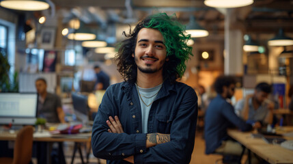 Wall Mural - Confident young adult with bright green hair and tattoos smiling in a coworking space