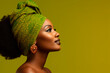 © Enrique - photo of side profile portrait of a traditional Afro woman, seamless green background, high contrast