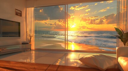 Wall Mural - View on the beach at sunset with white sand Generative Ai