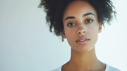 Wall Mural - Radiant young woman with flawless, natural skin posing against a simple, light background