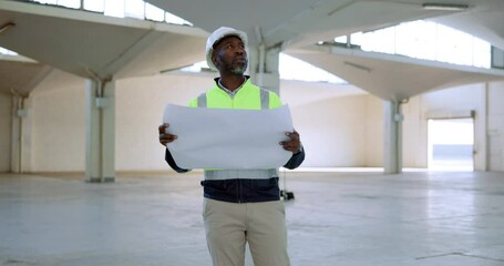Poster - Black man, architect and documents with blueprint for construction, building or architecture at site. African contractor, civil engineer or builder with floor plan, paperwork or project at workplace