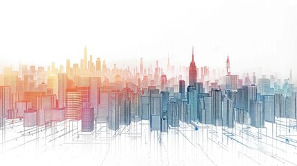 Wall Mural - Abstract cityscape line illustration isolated on solid white background. Generative AI.