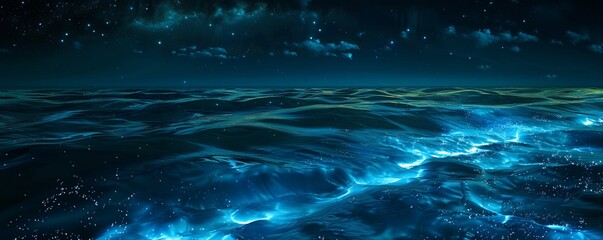 Wall Mural - bioluminescent plankton creating a starry night effect in the ocean, 4k hyperrealistic photo