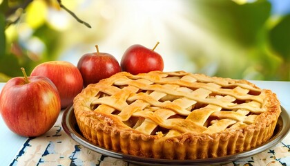 Wall Mural - Apple pie with apples on the table