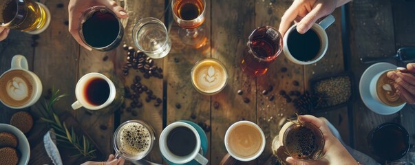 Wall Mural - Friends hosting a coffee tasting for National Coffee Day, September 29th, sampling different blends and brews, 4K hyperrealistic photo.