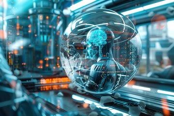 Wall Mural - 3D illustration depicts a male human inside a complex futuristic glass globe surrounded by computer machinery. artificial intelligence, and human-computer interfaces in a futuristic setting