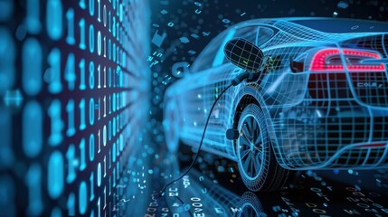 A futuristic EV car electric plug and battery charger are depicted against a blue abstract digital binary code background, symbolizing the concept of renewable and sustainable energy