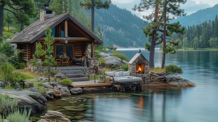 Poster - A small cabin next to the water with an outdoor seating area and fireplace, surrounded by trees on one side overlooking Lake. Generative AI.