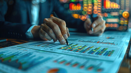 Poster - Financial analysis using the latest results. Abstract digital effect for background of graphs of sales forecasts, financial accounts, and handwritten notes. Generative AI.