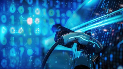 A futuristic EV car electric plug and battery charger are depicted against a blue abstract digital binary code background, symbolizing the concept of renewable and sustainable energy