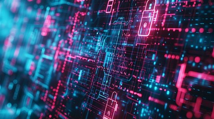 Aufkleber - A digital illustration depicting cybersecurity elements such as digital locks, shields, and network nodes protected by AI algorithms. Generative AI