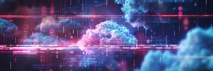 Leinwandbilder - A digital art image depicting cloud computing with abstract clouds and digital elements representing data processing and AI operations. Generative AI