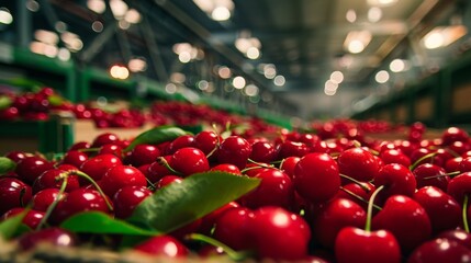 Wall Mural - Fresh red cherries in containers on a production line.