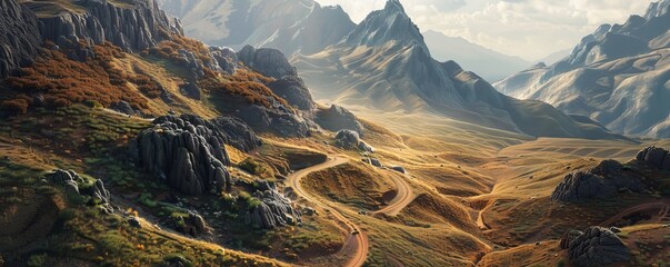 Wall Mural - Rugged mountain pass with a winding dirt road leading to a hidden village, 4K hyperrealistic photo
