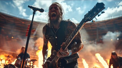 Poster - Metal band playing in open air stadium arena, lead singer screaming. Generative AI.
