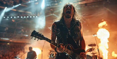 Poster - Metal band playing in open air stadium arena, lead singer screaming. Generative AI.