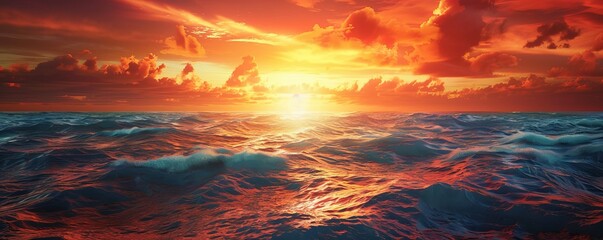 Wall Mural - Dramatic sunset over a vast ocean with fiery orange and red hues, 4K hyperrealistic photo