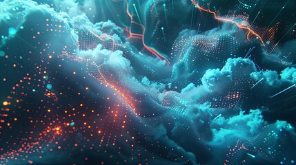 Leinwandbilder - A digital abstract visualization depicting cloud computing with data processing and AI operations represented by glowing digital elements. Generative AI