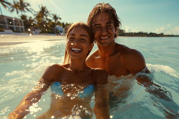 Laughing couple in the sea with toned bodies on a sunny day