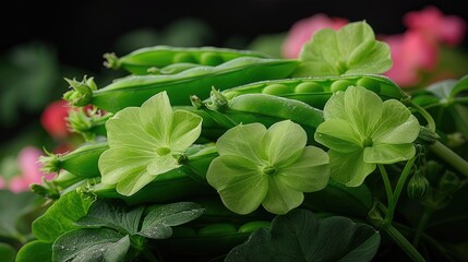 Poster - Beautiful close up of green fresh peas and pea pods. Healthy food. Selective focus on fresh bright green pea pods on a pea plants in a garden. Growing  