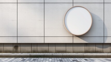 Wall Mural - Neat blank white round circle wooden signboard on the side of the street copyspace minimalistic universal urban concrete background