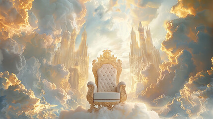 a golden throne sitting on top of a cloud filled sky