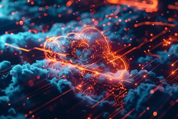 Leinwandbilder - A digital cloud icon glowing brightly against a dark background with abstract blue and orange elements representing data processing and AI operations in the cloud. Generative AI