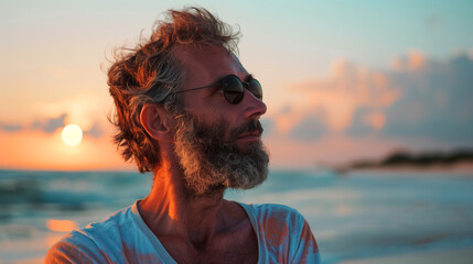 Wall Mural - A man with a beard and glasses is standing on a beach, looking out at the ocean. The sky is a beautiful mix of orange and blue, creating a serene and peaceful atmosphere. The man is enjoying the view