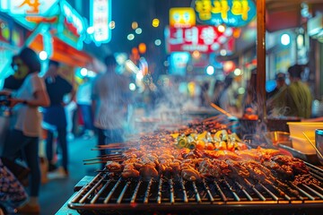 Wall Mural - Sizzling Korean BBQ at Night Market