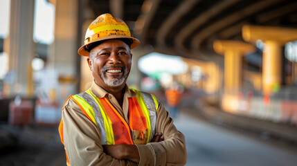 Poster - Confident construction worker wearing protective gear at a job site