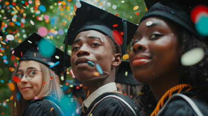 University or college students at a graduation ceremony wearing a black gown and hat with falling confetti in the background.