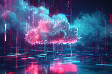 Fototapete - An abstract visualization of cloud computing with digital elements representing data processing and AI operations in the cloud. Generative AI