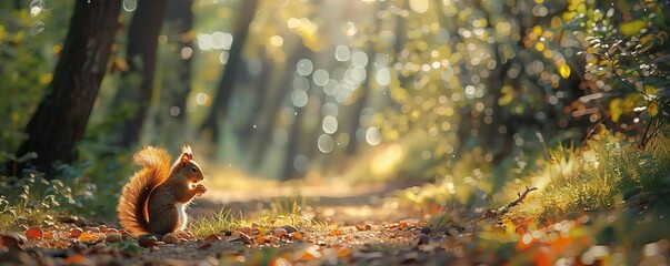 Wall Mural - Sun-dappled forest path with a squirrel gathering nuts for the winter, 4K hyperrealistic photo