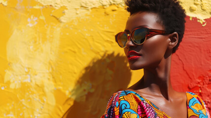 Sticker - African-American fashion woman with in summer dress posing on street near bright yellow wall.