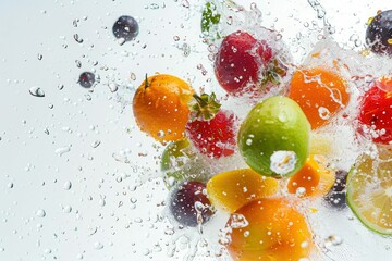 Wall Mural - explosion of colorful fruits and water drops on bright white background dynamic advertising visual