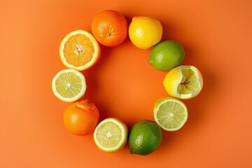 Wall Mural - Citrus fruits arranged in the shape of an o on an orange background fresh and vibrant fruit composition for healthy lifestyle and nutrition concept