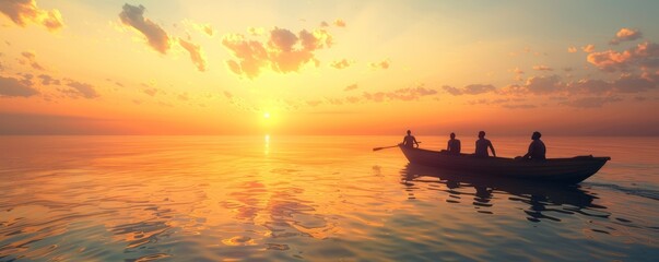 Wall Mural - Group of friends on a boat enjoying a sunset cruise, calm waters, 4K hyperrealistic photo.