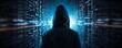 © tohceenilas - Hooded figure standing in front of a digital background with matrix-like code, symbolizing cyber security, hacking, and digital anonymity.
